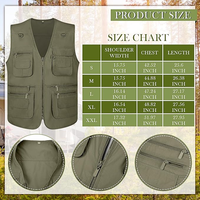 Janmercy 2 Pieces Men's Work Fishing Vest with Hat Lightweight Safari Travel Hunting Waistcoat With Multi Pockets Fishing Hat