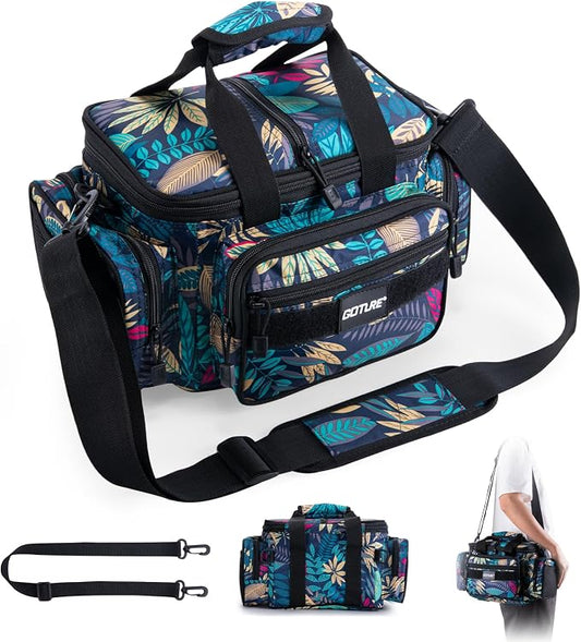 Goture Fishing Tackle Bag, 600D Water-Resistant Soft Side Crossbody Sling Bag for Men & Women,Small Gear Storage Tactical Bags for Saltwater & Freshwater,Fits 3 3600 Tackle Boxes(Not Included)