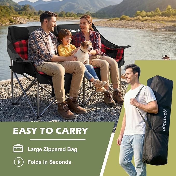 Youtanic 60" Extra Double Camping Chair, 700lbs Heavy Duty Padded Loveseat for Adults, Oversized 2 Person Folding Camp Couch with Dual Cup Holders, Portable Plaid Lawn Chair for Outside, Sports, Red