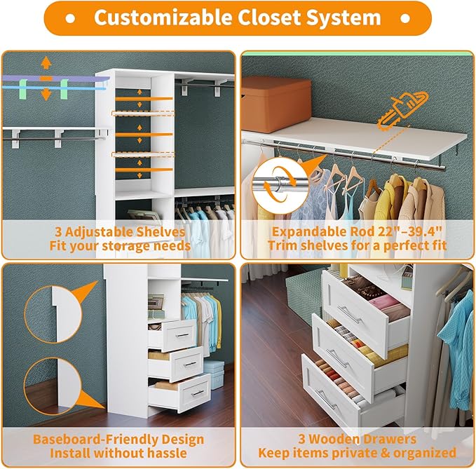 Closet System with Drawers, 5FT-8FT Closet Organizer System 96" Walk in Wood Closet Storage System with Shelves Hanging Rods Corner Wall Mount, White