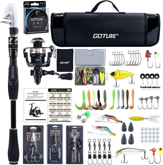 GOTURE Telescopic Fishing Rod and Reel Combos, Carbon Fiber Travel Fishing Pole, 9+1 BB Spinning Reel, Saltwater Freshwater Fishing Gear Kit with Braided Line, Lures, Carrier Bag for Bass Trout