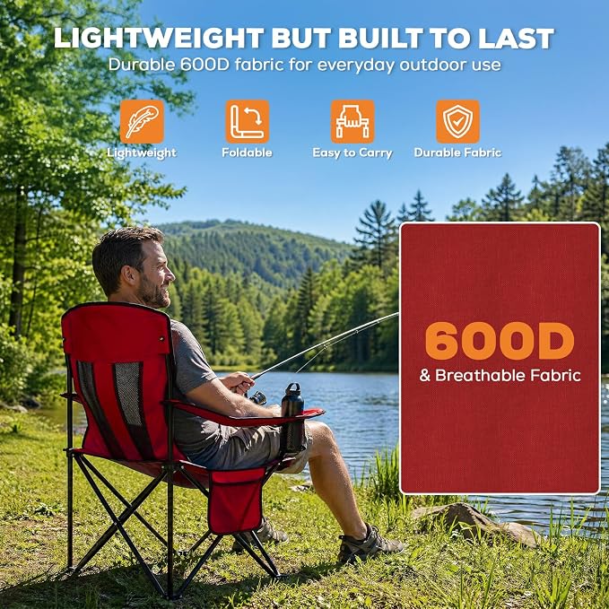Romswi Portable Camping Chairs Support 400 LBS, Heavy Duty Folding Outdoor Chairs, Folding Chair with 4-Can Cooler Bag for Camping, Fishing, Garden, 2-Pack, Red