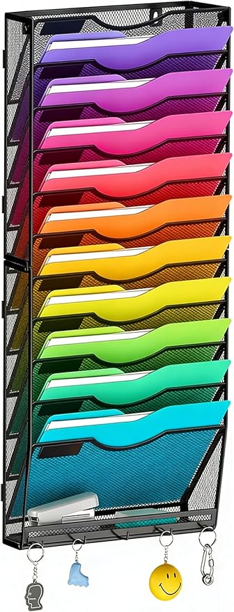 13-Tier Large Capacity Hanging Wall File Organizer with 5 Hooks, Vertical Wall Mount File Holder, Mail Organizer Office Magazine Rack for Office Home School