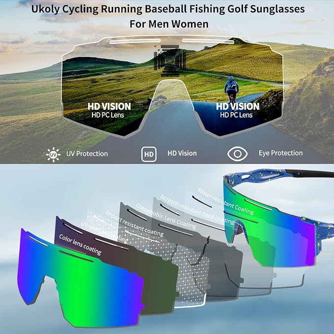 Ukoly Cycling Sunglasses for Men Women with 3 Interchangeable Lenses, Polarized Sports Sunglasses, Baseball Sunglasses