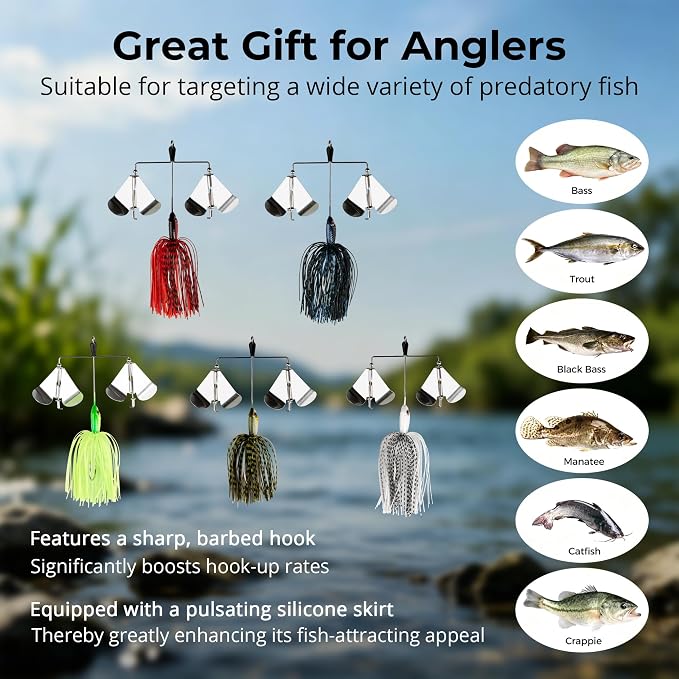5 Pcs Bass Spinner Baits, Fishing Lures with Skirt, Metal Blade Spinnerbait for Trout, Salmon, Pike, and Predatory Fish