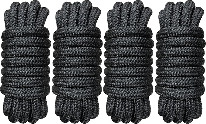 4 Pack 3/4" x 20' Dock Lines - Marine Grade Nylon Boat Rope with 15" Loop for Docking and Mooring - Double Braided Boat Lines, High Strength, Easy Handling, Fray Resistant, Heavy Duty - Black