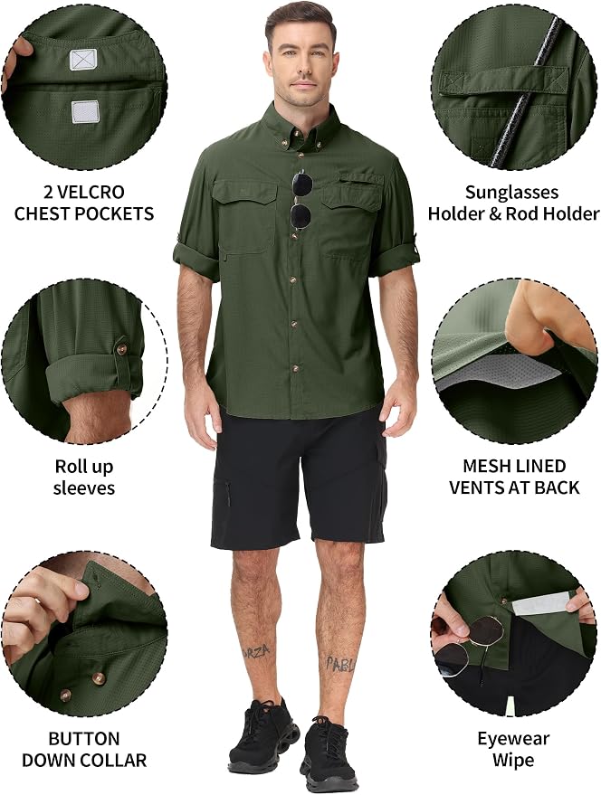 Roadbox Men's Sun Protection Fishing Shirt, Long Sleeve Cool Dry Lightweight UPF 50+ Shirts for Hiking Safari Camping Travel