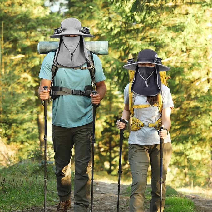 Glitopper 2 Pcs Solar Fan Hat with 2 Fan Wide Brim Removable Face Cover Cooling Fishing Buckets Hats
