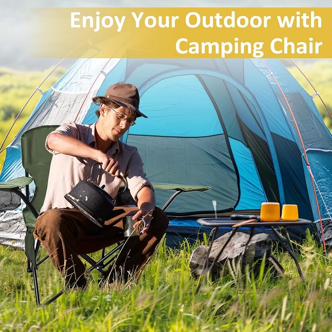 Folding Camping Chair with Cup Holder & Storage Bag, 225lbs Capacity, Large Anti-Sink Feet, Breathable PE Coated Fabric for Outdoor, Hiking, Beach, Fishing, Backpacking, 2PCS Green