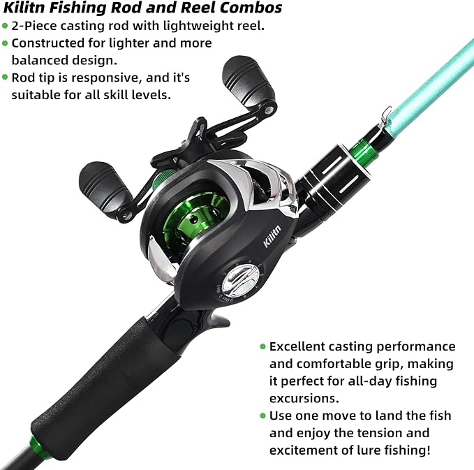 Kilitn Fishing Rod and Reel Combo, Green Color Baitcasting Combo Baitcast Reel, 2-Piece Baitcaster Rod, Durable Fiberglass with Comfortable EVA Handle