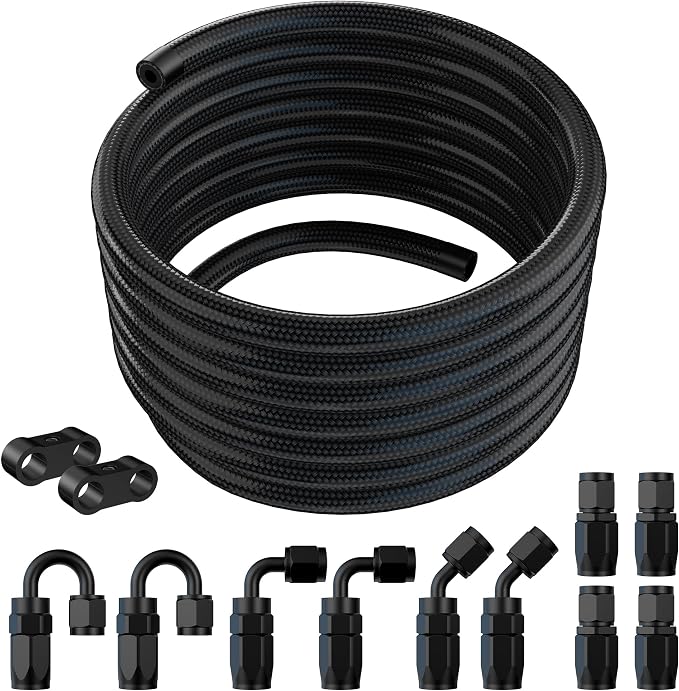 8AN CPE Fuel Line Kit, AN8 Nylon Braided Fuel Hose with Hose Fittings, AN 8 Fuel Line Hose Black 20ft