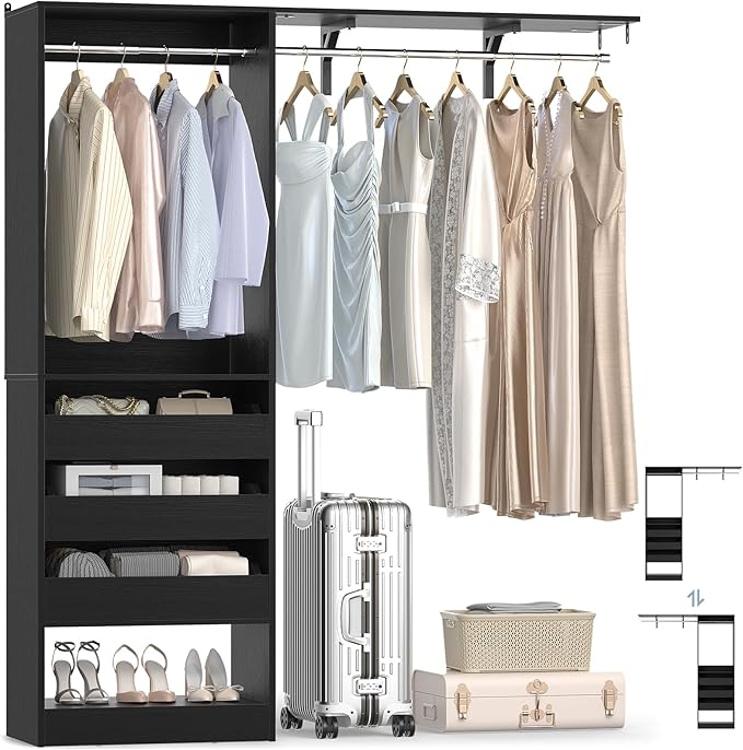 60" Wide x 80" Tall Closet System with 3 Half-Open Wooden Drawers, 5FT Closet Organizer System with 2 Hanging Rods & Removable Tower, Freestanding Wardrobe Organizer for Walk-in Bedroom, Black