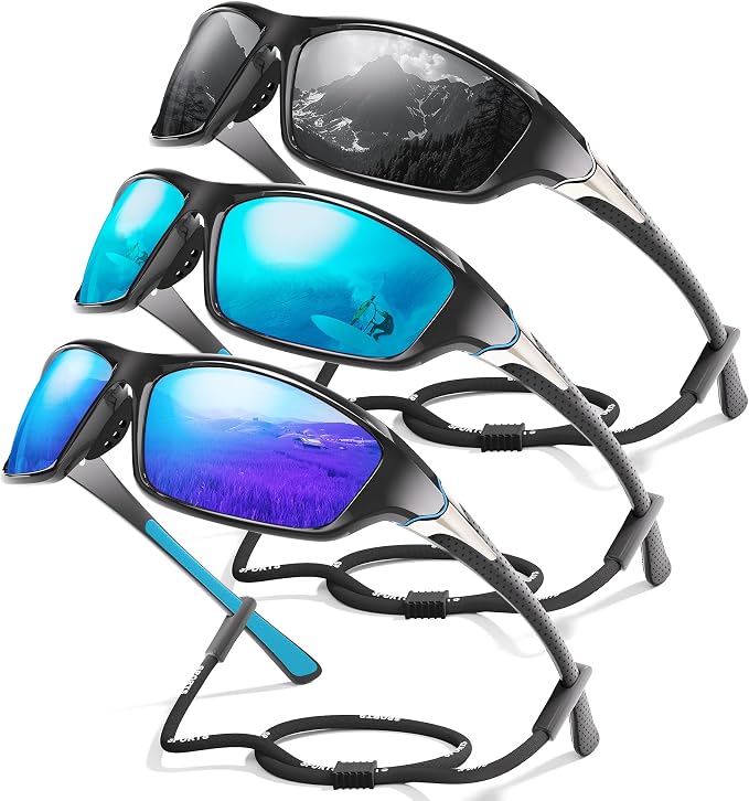 3 Pack Polarized Sports Sunglasses for Men, Mens Sunglasses Wrap Around UV Protection for Cycling Fishing Driving