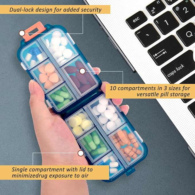 2 Pcs Travel Pill Organizer with Labels, Portable Travel Medicine Daily Pill Container Organizer 7 Day Pill Case Storage Vitamin Fish Oil (Blue & Red, 320 Medicine Lables)