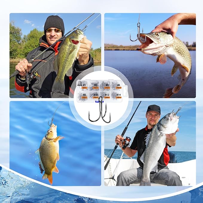 UCEC Fishing Hooks Treble Hooks Kit for Saltwater Freshwater, High Carbon Steel Strong Sharp Round Bend for Catfish Trout Hard Baits Lures, Size #1#2#4#6#8#10#12#14 110/50/210 Pack with Split Rings