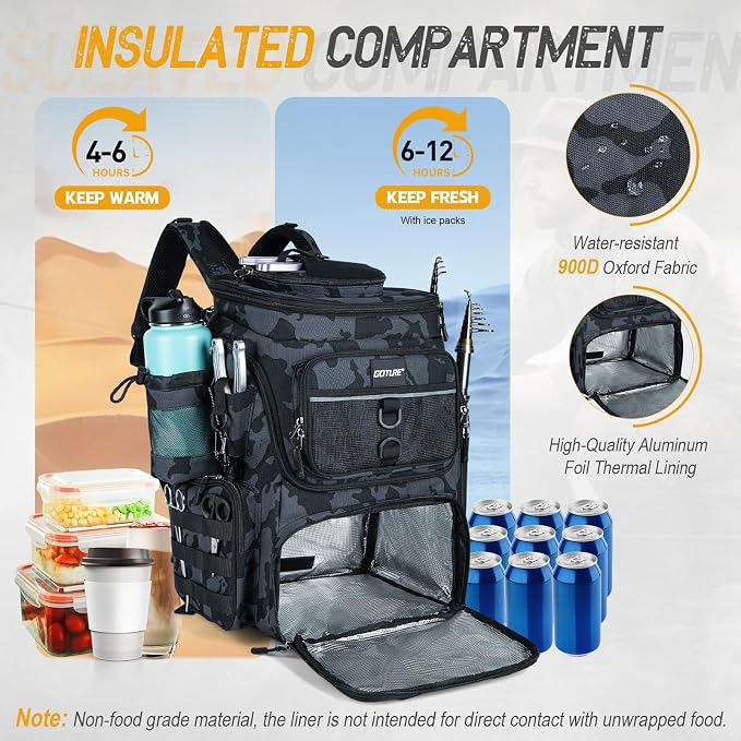 Goture Fishing Backpack, 900D Water-Resistant Tackle Bag with Rod Holders, Insulated Cooler Compartment, 55L Large Capacity Fishing Gear Storage for Saltwater&Freshwater Camping Hiking,Gifts for Men