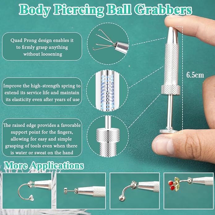 Upgraded Anti-Slip Piercing Ball Grabber Tool with Ergonomic Design for Changing Jewelry, Stainless Steel Jeweler Pick Up Tool 4 Claw Gem Piercing Changing Tool Body Piercing Kit for Ear Nose Lip