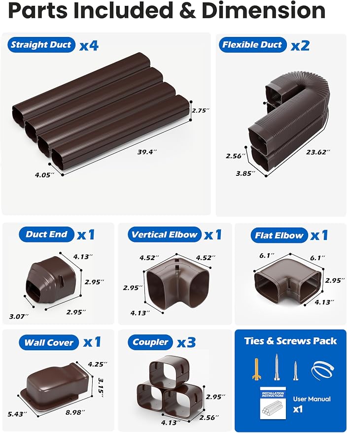 Mini Split Line Cover Set: 4" 17 Ft PVC Decorative Pipe Line Hide Cover Kit for Ductless Mini Split Air Conditioner, Central AC and Heat Pumps, Brown