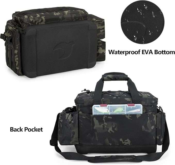 GOBUROS Waterproof Fishing Tackle Bag with Waterproof EVA Bottom (No Tackle Boxes in Package), Soft Tackle Box Storage Bag with Rod Holder, Pliers Storage for Fishing
