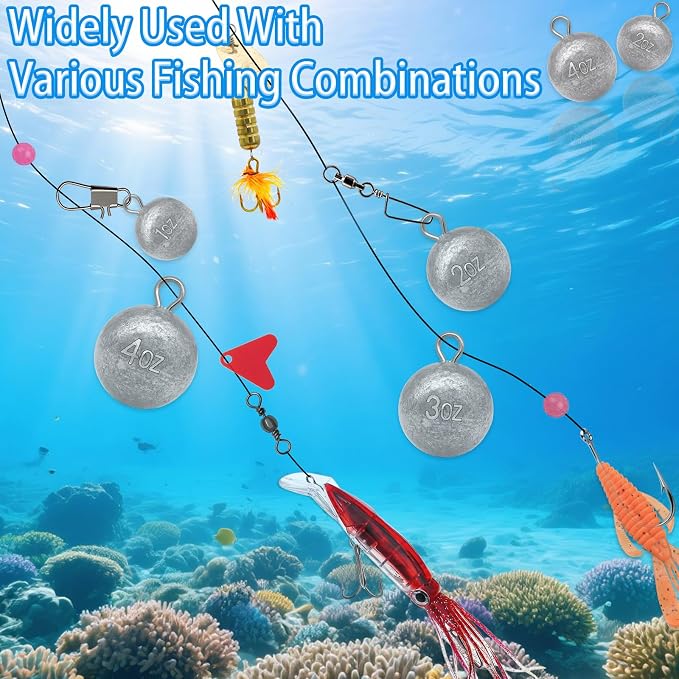 5 Pcs Fishing Round Sinker Cannonball Lead Weights Assortment Egg Drop Bass Weights Saltwater Freshwater Casting 1-5oz