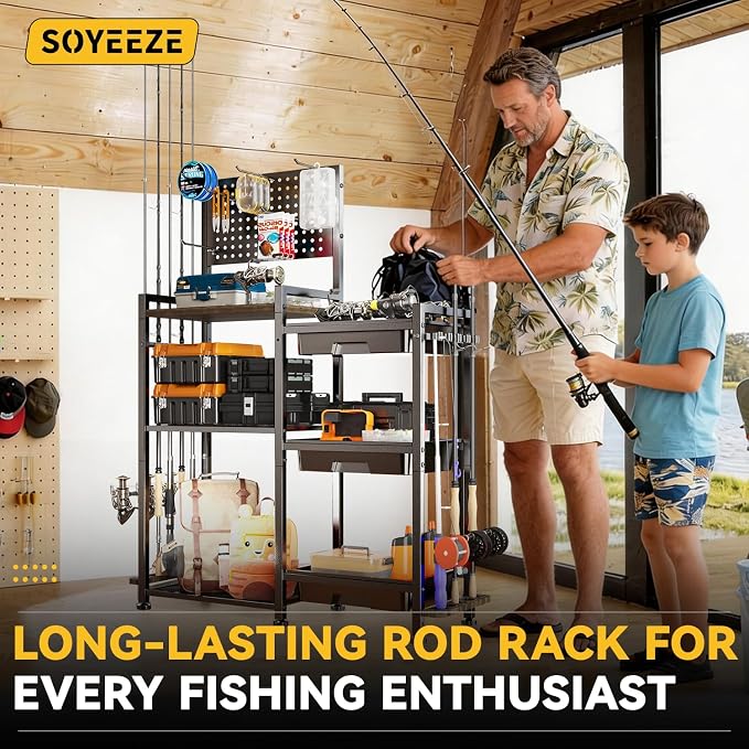 SOYEEZE Fishing Rod Holders for Garage, 3 Storage Boxes for Reels & Fishing Accessories, 10 Rod Capacity Fishing Pole Holder with Pegboard, and 3-Tier Shelf for Tackle Box, Fishing Gear Organizer