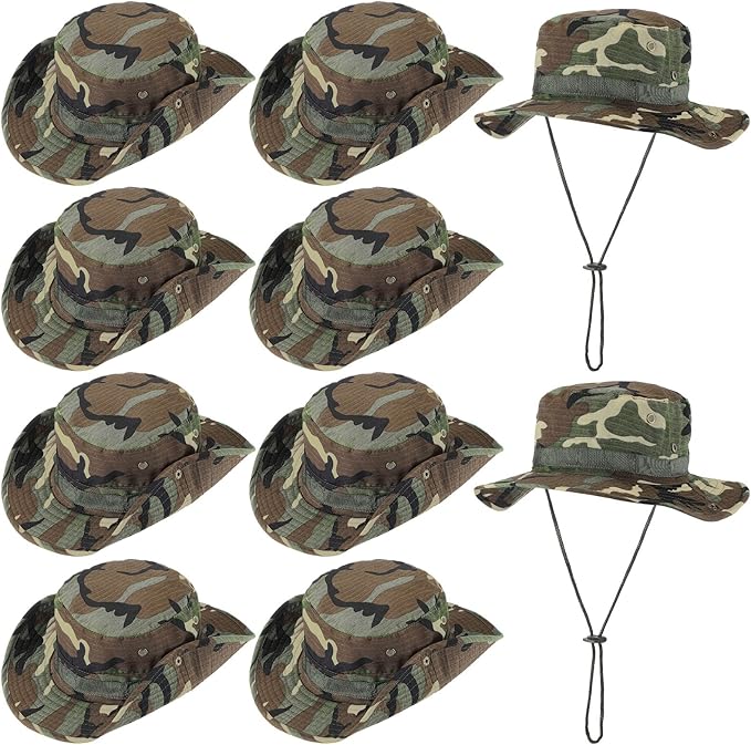 Xtinmee 10 Pcs Bucket Hat Bulk Safari Hat Wide Brim Boonie Hiking Fishing with Chin Strap for Women Men Adult Summer