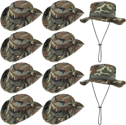 Xtinmee 10 Pcs Bucket Hat Bulk Safari Hat Wide Brim Boonie Hiking Fishing with Chin Strap for Women Men Adult Summer