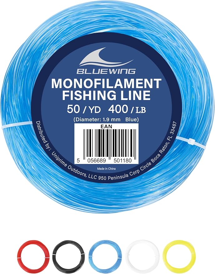 BLUEWING 50/100yd Outrigger Line Rigging Kit Mono with 20pcs/40pcs Aluminum Sleeve Crimps and 1.9mm 400LB Test Monofilament Fishing