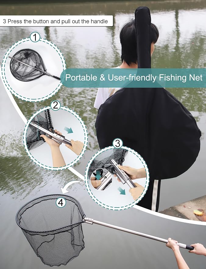 Avlcoaky 94" Telescopic Fishing Landing Net - Heavy-Duty Aluminum Handle with Non-Snag Rubber Coated Mesh, Extra Large Fishing Net for Saltwater Boat Fishing