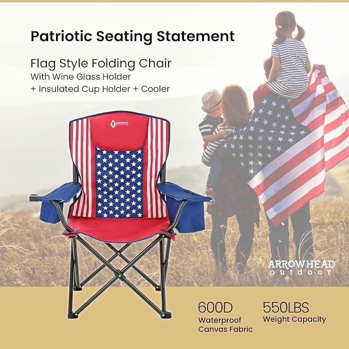 ARROWHEAD OUTDOOR Portable Deluxe Folding Camp Quad Chair w/Headrest, Glass & Cup Holders, Armest 6-can Cooler, Heavy Duty Carry Bag, 550 lbs Weight Capacity