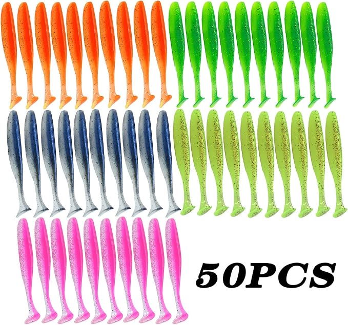 Soft Fishing Lures, 100PCS/50PCS Soft Plastic Baits Kit with Box for Fishing Trout Redfish Saltwater/Freshwater, 10 Mixed Colors/5Mixed Colors(50PCS/9cm/4.8g)