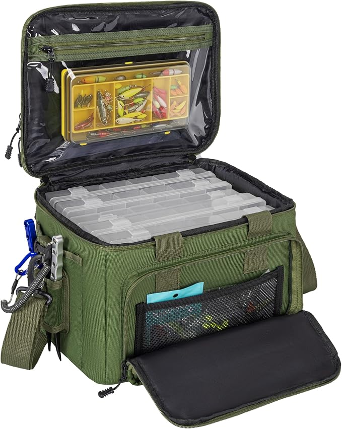 20L Fishing Tackle Bag Empty, Fits 3400-3600 Lure Boxes, Water Resistant Fishing Gear Storage Bag, Portable Padded Shoulder Strap Bag for Saltwater Freshwater,Green