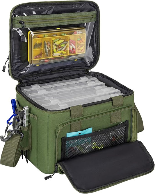 20L Fishing Tackle Bag Empty, Fits 3400-3600 Lure Boxes, Water Resistant Fishing Gear Storage Bag, Portable Padded Shoulder Strap Bag for Saltwater Freshwater,Green
