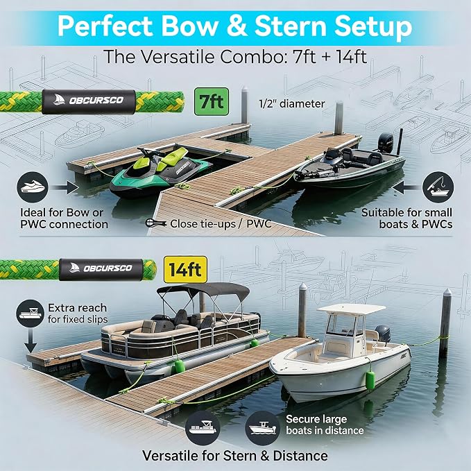 Obcursco Heavy Duty Boat Dock Lines (7ft & 14ft) - 1/2" Marine Mooring Rope with 316 Stainless Steel Clip - Accessories for PWC, Pontoon, Center Console, Jet Ski (Green/Yellow, 2 Pack)
