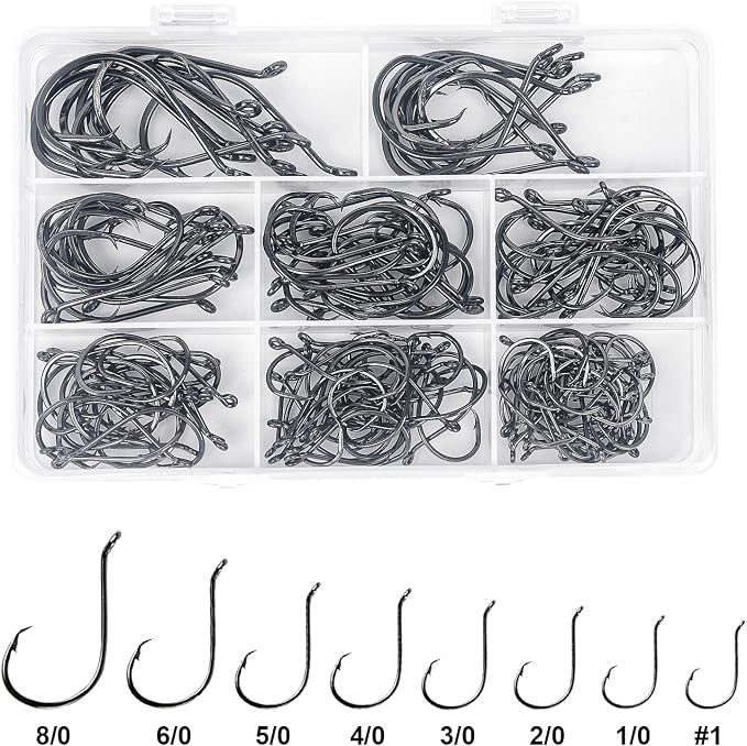 UCEC Circle Hooks Fishing Hooks 2X Strong Offset Circle Hooks Saltwater Black High Carbon Steel Octopus Catfish Fishing Hooks Fishing Gear Tackle 150pcs/ 240pcs - Size:#1 1/0 2/0 3/0 4/0 5/0 6/0 8/0