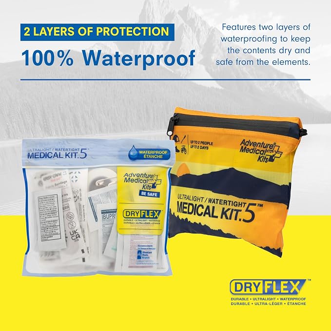 Adventure Medical Kit Ultralight/Watertight Medical Kit .5 - Up to 2 People, Up to 2 Days - Includes Bandages, Blister Essentials & More - Perfect for Hiking, Biking & Climbing