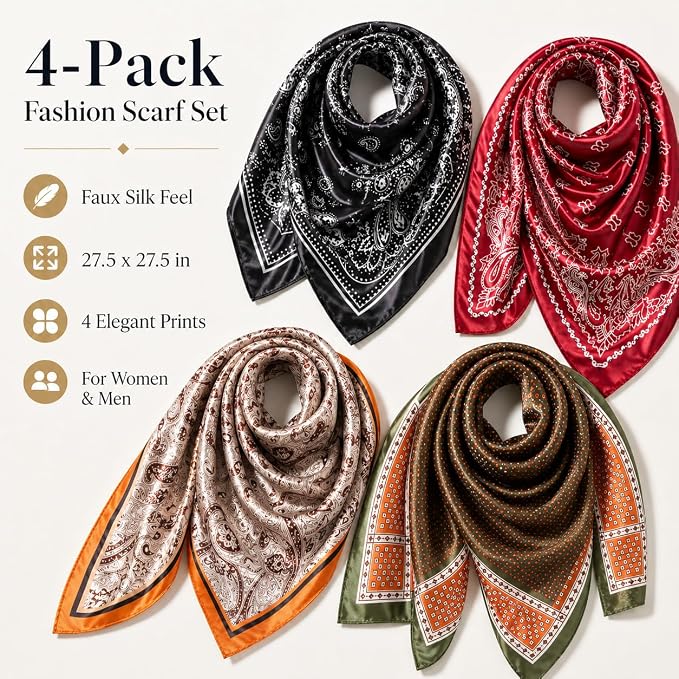 4PCS Neck Scarf Bandanas for Men and Women, Silk Feeling Head Scarfs, Fashion Neckerchief Square Purse Scarf