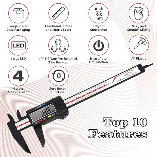 Digital Caliper, Esydon Upgraded Calipers 6 inch, Measuring Tool, Electronic Ruler, with Large LCD Screen, Auto-Off Feature, Inch and Millimeter Conversion, Plastic Case, Perfect for Household, DIY
