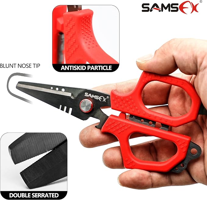 SAMSFX 6.5" Pro Fishing Shears Dual Serrated Blades, Fishing Braided Line Scissors with Titanium Coating, Non-Slip Grip & Multifunction Tool, Includes Hard Molded Locking Sheath & Coiled Lanyard