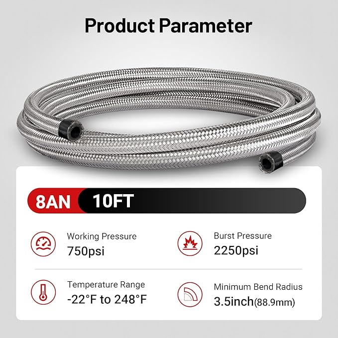 EVIL ENERGY 8AN Fuel Line, AN8 Braided Fuel Hose Nylon CPE 10FT Silver