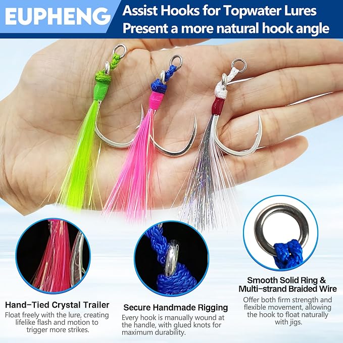 Eupheng Fishing Assist Hooks for Topwater Lures, Dancing Stinger Jigging Hooks Replacement Fishing Hooks for Freshwater & Saltwater