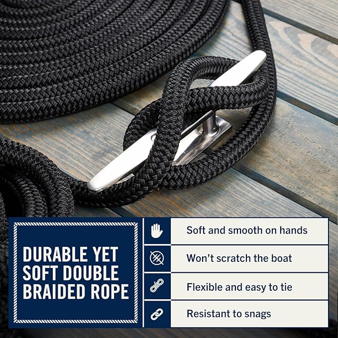RainierSupplyCo Dock Lines 4-Pack - Boat Rope for Docking with Loop - 15 ft x 1/2 Inch Premium Double Braided Nylon Marine Rope - Mooring Line with 12" Eyelet - Boat Accessories - Black