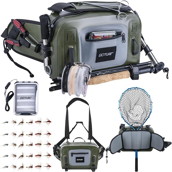 Goture Waterproof Fishing Waist Pack, IPX8 840D TPU Large Tackle Bag with Rod Holder, Airtight Zipper Closure, Fly Fishing Bag with Adjustable Waist Strap, Sling Fanny Pack with 30pcs Flies, Fly Box