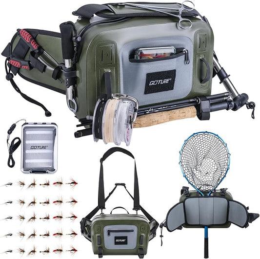 Goture Waterproof Fishing Waist Pack, IPX8 840D TPU Large Tackle Bag with Rod Holder, Airtight Zipper Closure, Fly Fishing Bag with Adjustable Waist Strap, Sling Fanny Pack with 30pcs Flies, Fly Box