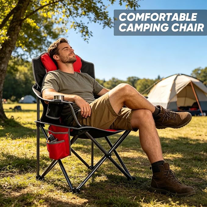 Colorsoul Oversized Camping Chair, Padded Portable Camping Chairs with Cup Holder, Cooler Bag and Shoulder Straps, Heavy Duty Outdoor Folding Chair for Camping, Beach, Fishing, Support 350 LBS, Red