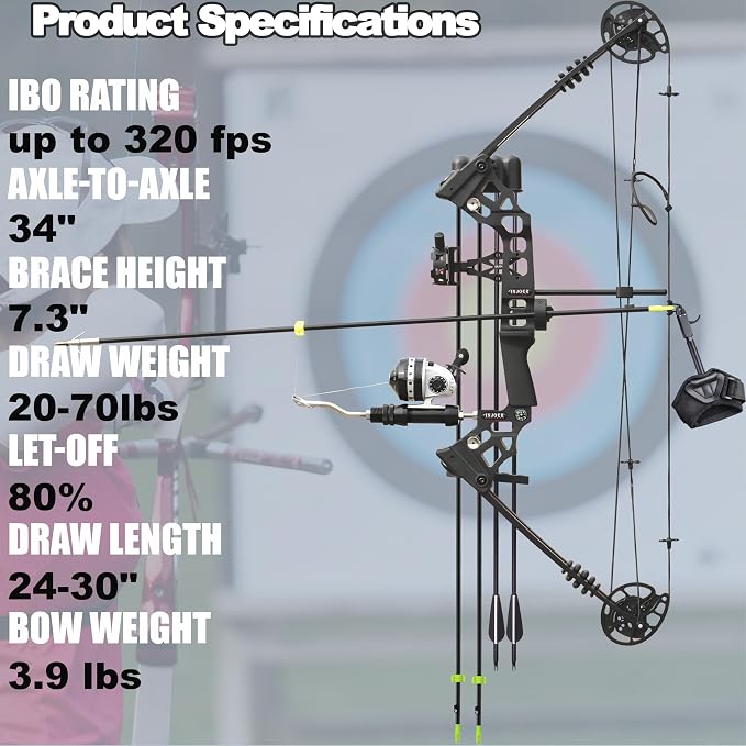 Bow Fishing Combo Kit 20-70 LBS Hunting Compound Bow Fishing Bow Set with Bowfishing Arrow and Fishing Reel for Bowfishing Archery Hunting Left & Right Handed Black