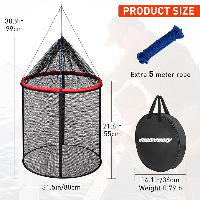QualyQualy Floating Fish Basket 41/73 Gallons Extra Large for Live Caught, Fully Foldable Fishing Net Holder for Bait Live Well Collapsible Mesh Fishing Holder Cage