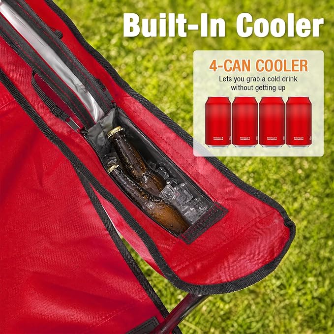 Camping Chairs for Adults 2 Pack, Folding Chair with 4-Can Cooler Bag & Cup Holder, Portable Heavy Duty Outdoor Chair for Camping, Beach, Lawn, Fishing, Red