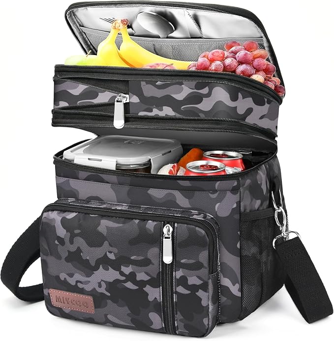 MIYCOO Lunch Bag & Lunch Box for Men Women, Double Deck Leakproof Insulated Soft Large Adult Camping Cooler bag for Work, Beach, Picnic, Travel (Black Camo, 15L)