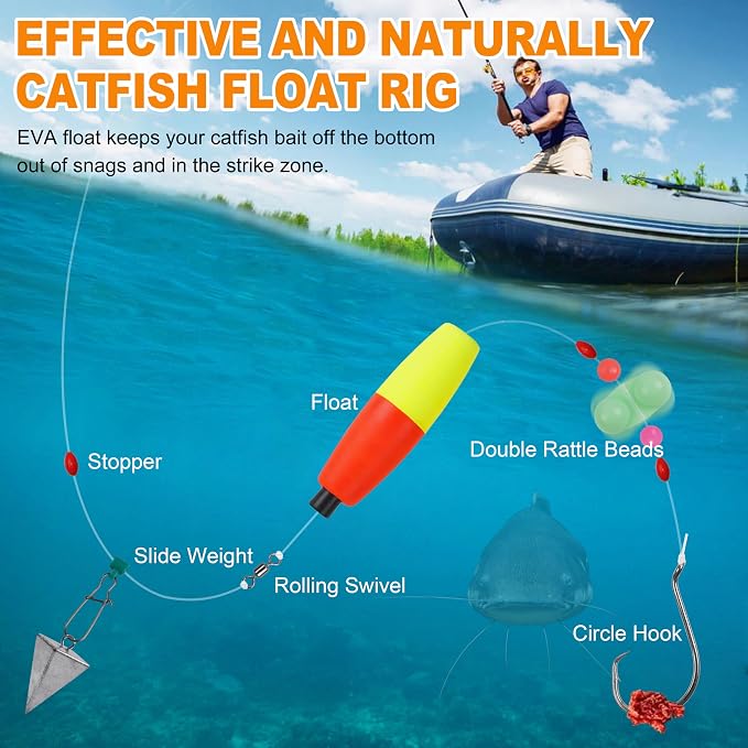 SILANON Catfish Rig Tackle Making Kit, Catfishing Tackle Accessories with Catfish Floats Catfish Hooks Swivels Fishing Rattles Bells Beads Bobber Stoppers Catfishing Gear Equipment